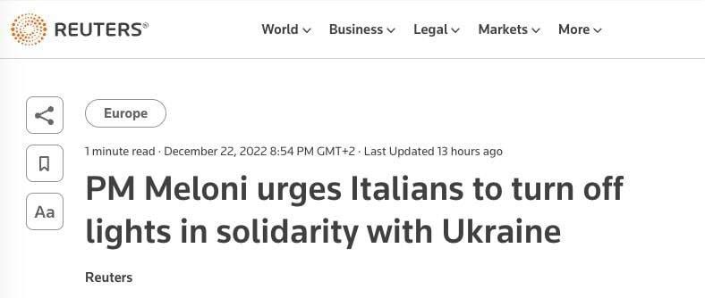Захар Прилепин: Премьер-министр Италии Джорджия Мелони призвала итальянцев отключать газ и свет на час в день, чтобы прочувствовать положение украинцев и выразить с ними солидарность