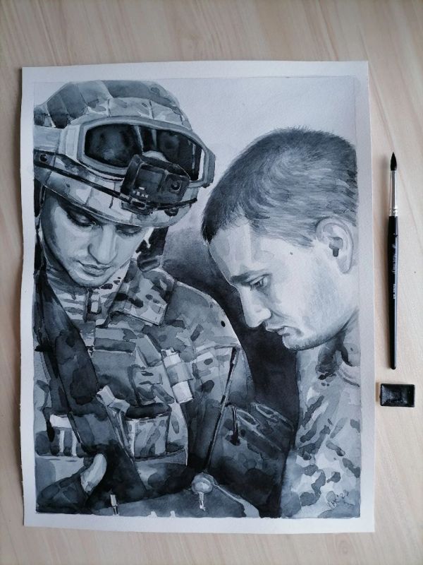 Денис Григорюк: Получил от авторов канала @art_arta два рисунка по моим фотографиям бойцов батальона имени Архангела Михаила