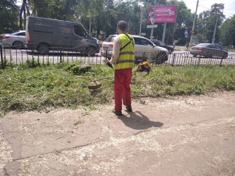 Василий Ткачук: Муниципальным унитарным предприятием администрации г. Донецка "Управляющая компания Калининского района г. Донецка" продолжается работа по покосу травы на территории многоквартирного жилого фонда