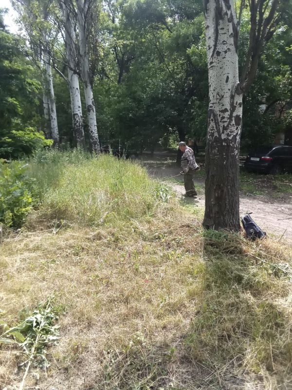 Василий Ткачук: Сегодня сотрудниками муниципального унитарного предприятия администрации города Донецка "Управляющая компания Калининского района г.Донецка" продолжается покос травы на придомовой территории многоквартирного жилого фонда