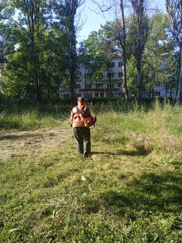 Василий Ткачук: Муниципальным унитарным предприятием администрации г. Донецка "Зеленое строительство Калининского района" продолжаются работы по покосу травы на территории парка "Строителей" в Калининском районе г.Донецка