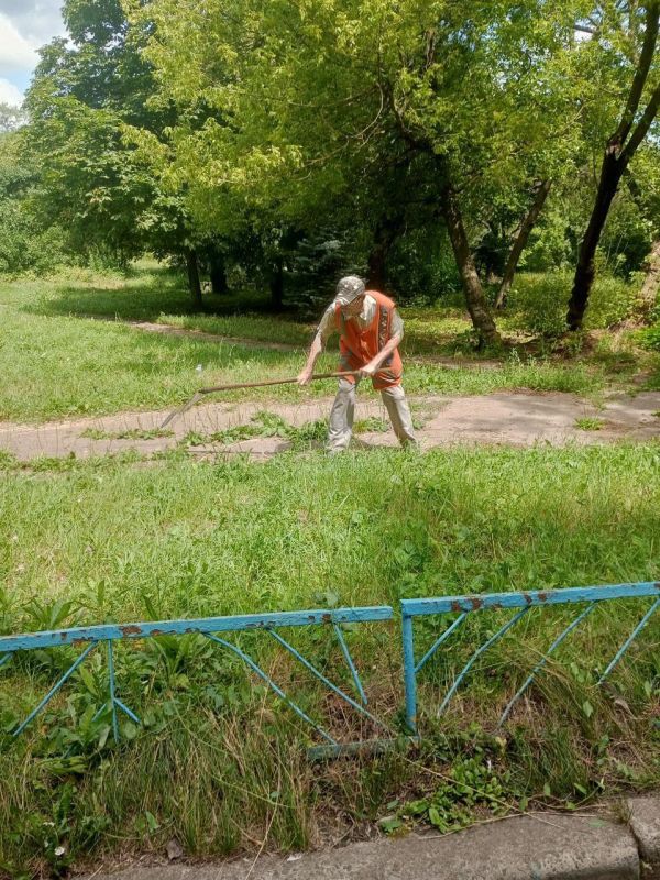 Василий Ткачук: Сегодня сотрудниками муниципального унитарного предприятия администрации города Донецка "Управляющая компания Калининского района г.Донецка" продолжается покос травы на придомовой территории многоквартирного жилого фонда