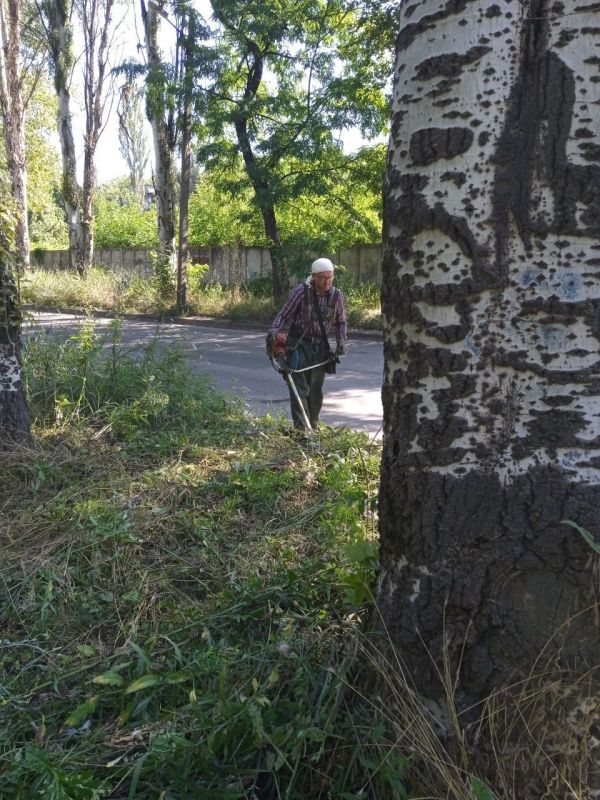 Василий Ткачук: Сегодня сотрудниками МУП АГД "ЗЕЛЕНСТРОЙ КАЛИНИНСКОГО РАЙОНА" ведутся работы по покосу травы парка Строителей в Калининском районе г.Донецка