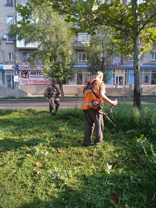 Василий Ткачук: Сотрудниками Муниципальным унитарным предприятием администрации г. Донецка "Зеленое строительство Калининского района" ведутся работы по покосу травы по бульвару Шевченко в Калининском районе г. Донецка