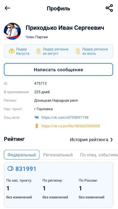Безоговорочный лидер. В мобильном приложении ВВЕРХ на федеральном и региональном уровнях – секретарь Горловского местного...