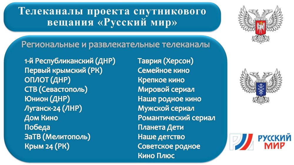 Минцифры ДНР совместно с ООО "Русский Мир" подготовили информационные карточки с телеканалами проекта «Русский мир»