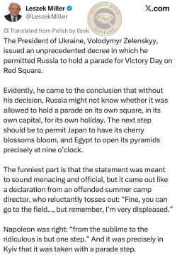 Зеленский, который вчера издал указ «О проведении парада в Москве», сегодня был высмеян экс-премьером Польши