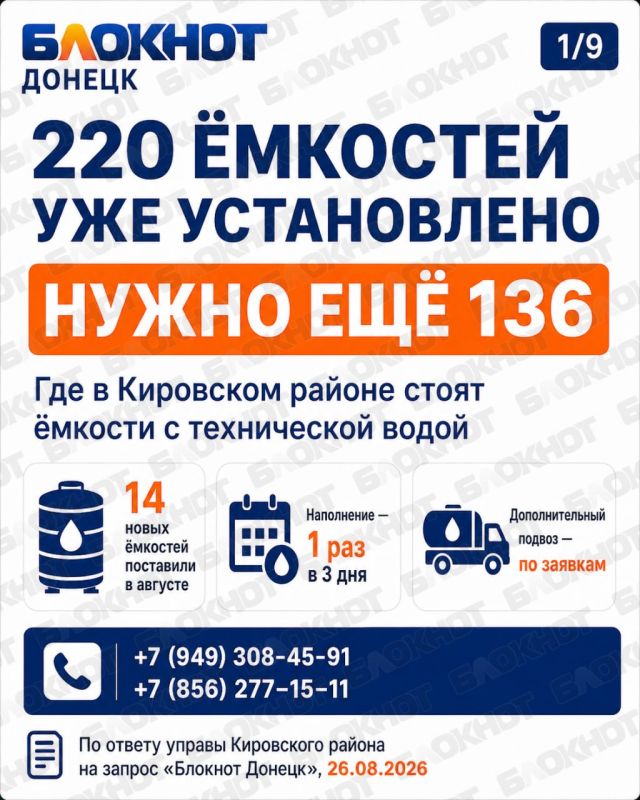 В Кировском районе Донецка установили 220 ёмкостей для технической воды — но нужно ещё 136