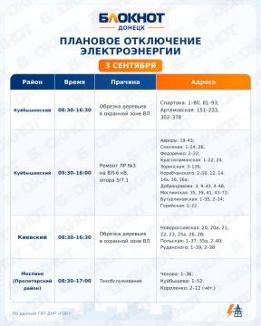 График плановых отключений электроэнергии в Донецке сегодня, 3 сентября