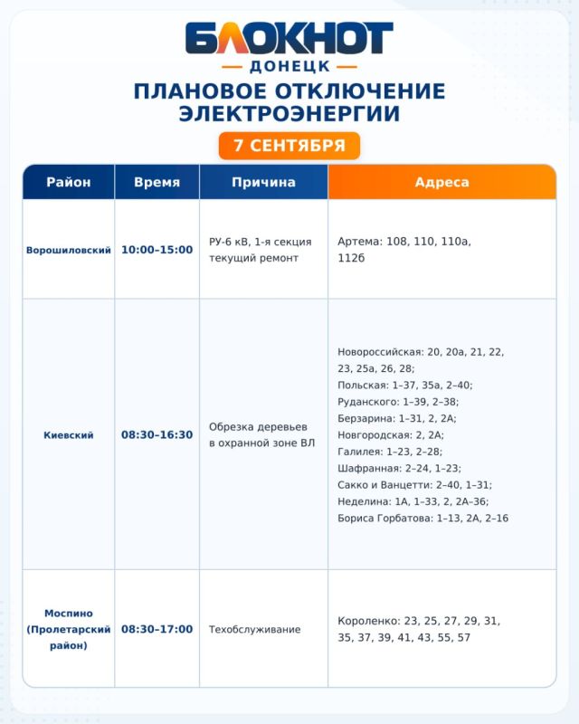 График отключения электроэнергии в Донецке сегодня, 7 сентября