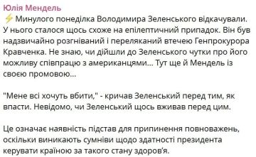 У Зеленского случился эпилептический припадок, заявила его бывший пресс-секретарь Юлия Мендель