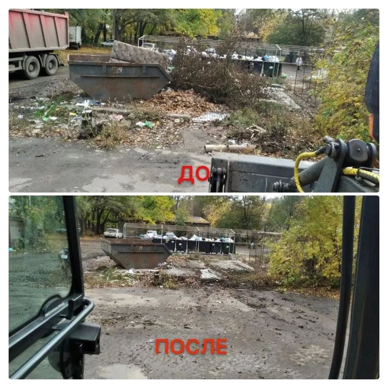 В Калининском внутригородском районе, силами предприятия-перевозчика ГУП ДНР «Донснабкомплект» ликвидированы стихийные накопления ТКО и КГМ общим объемом 200м по адресам: