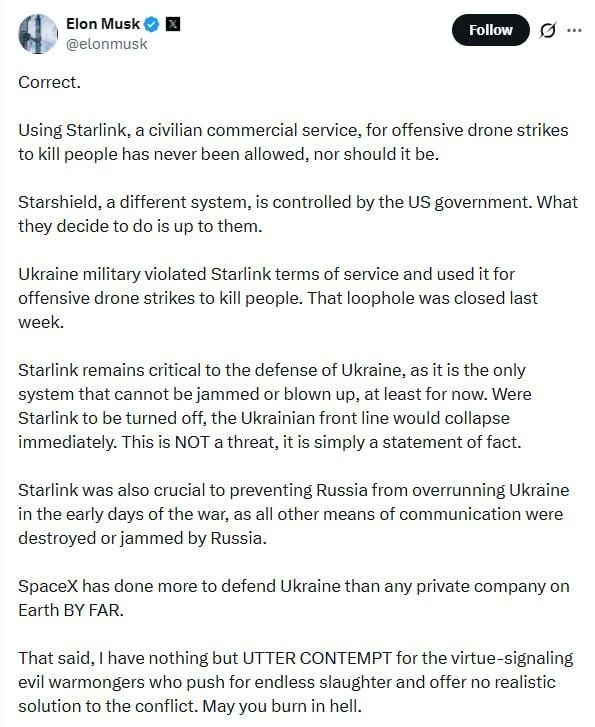 Любитель усидеть на двух стульях, Илон Маск напомнил ВСУ о правилах использования его спутникового интернета